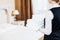 Hotel services. housekeeping maid with linen