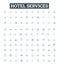 Hotel services vector line icons set. Accommodation, Amenities, Restaurants, Catering, Spa, Pool, Swimming illustration