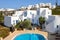 Hotel with swimming pool, typical Cycladic architecture on the Island of Folegandros.