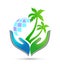 Hotel tourism holiday summer hands globe coconut palm tree vector logo design Coast icon