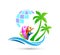 Hotel tourism holiday summer hands globe coconut palm tree vector logo design Coast icon