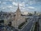 Hotel Ukraine and Moscow City business complex in Moscow, Russia. Aerial drone panoramic view