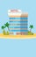 Hotel, vacation, travel, tropical island, building, palm trees, beach umbrellas, ocean, concept, template, banner, for