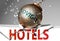 Hotels and coronavirus, symbolized by the virus destroying word Hotels to picture that covid-19  affects Hotels and leads to a