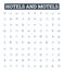 hotels and motels vector line icons set. Lodgings, Accommodations, Inns, Resorts, Suites, Motels, Hostels illustration