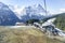 Hotels on mountain alps and cable car station at grindelwald fir