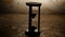 Hourglass with black sand. Clock in wooden base