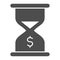 Hourglass with dollar solid icon. Time is money, savings and investment symbol, glyph style pictogram on white