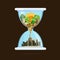 Hourglass with land and tree flowing into city. saving the tree concept - illustration