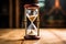 hourglass marking time on a wooden desk