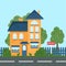 A house along the road. Part of the rural landscape. Vector illustration in flat style. House for sale.