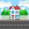 House along the road. Part of the rural and urban landscape. Vector illustration in flat style.