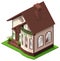 House with attic and terrace isometric 3d illustration. Summer country home private property