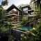 house in Bali in the rainforest, islands, beautiful landscaping, tropical lush, modern architecture, luxurious