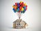 House with balloons bunch on white background. Real estate purchasing, moving house,  housewarming  and gift concept