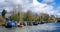 House barges moored on the Kennet & Avon Canal at Caen Locks near Devizes, Wiltshire, UK