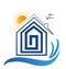 House on the beach, sun and birds logo