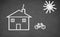 House and bicycle drawn on chalkboard.