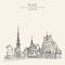 House of the Blackheads, St. Peters Church and statue of Roland in Riga old town, Latvia, Europe. Hand drawn postcard in vector