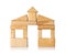 House build from wooden building block pieces over white