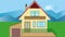 House building. Animated house construction in countryside with mountains. Advertising movie for building or developer company.