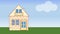 House building. Animated house construction in countryside with tree. Advertising movie for building or developer company.