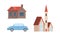 House Building and Church as City Street Element Vector Set