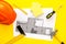 House building plan. Blueprints, instruments, helmet on yellow background top-down