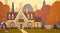 House Building Suburb Of Big City In Autumn, Cottage Real Estate Cute Town Concept