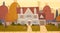 House Building Suburb Of Big City In Autumn, Cottage Real Estate Cute Town Concept