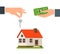 House buy rent real estate vector background. Loan rent sell home icon with key and money mortgage