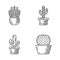 House cacti in pot linear icons set