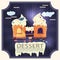 House cake castle with icing with the word dessert square sticker flat design