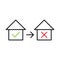 House with check mark Yes and No icon. Mortgage linear sign.