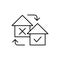 House with check mark Yes and No icon. Mortgage linear sign.