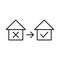 House with check mark Yes and No icon. Mortgage linear sign. Approval and rejection apartment symbol