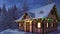 House with Christmas decorations at snowfall night