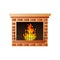 House classic brick fireplace with burning fire and metal gate