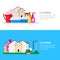 House cleaning service and housework banner design template. Cottage, household tools and supplies, vector illustration