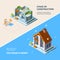 House construction. Repair roof renovation building vector isometric picture for banners
