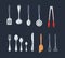 House cookware utensils for cooking. Set of kitchen knives, cutlery forks, spoons, set of ladles, potholders, tongs, spatulas