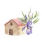 House, cottage with red roof tiles. Small village house with iris flower decor.Watercolor. Illustration. Handmade. Image