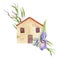 House, cottage with red roof tiles. Small village house with iris flower and olive branch decor. Watercolor