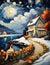 A house with countryside and pathway, starry sky, clouds, majestic chicken stands poised in the foreground, flower, lake, nature