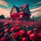 House Covered With Red Flowers AI generated