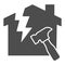 House with a crack and hammer solid icon, house repair concept, Reconstruction sign on white background, Destroyed