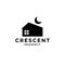 House with crescent moon logo, modern property icon symbol home building with lunar