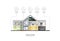 House in a cut, infographics with interior icons. Three-storey cottage inside with rooms, garage and modern interior