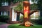 The house is decorated for Halloween: Inflatable huge glowing st