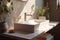 house design counter faucet interior sunlight modern bathroom shower luxury sink. Generative AI.